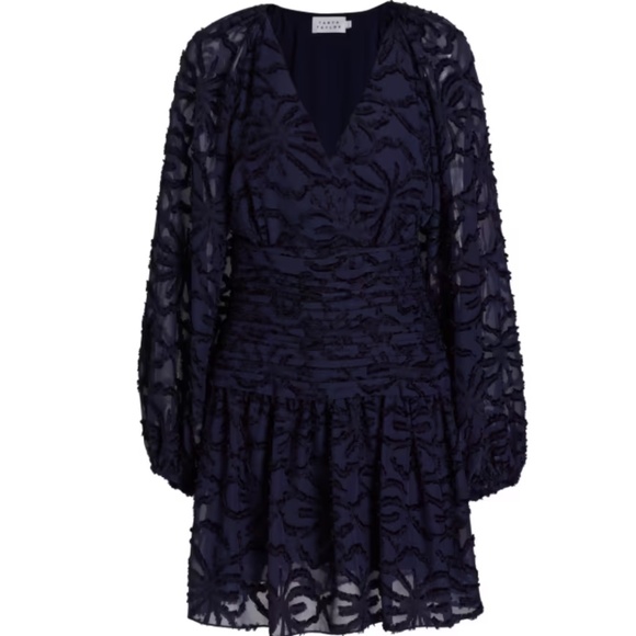 NWT Tanya Taylor Eva Navy Blue Burnout Puff Sleeve Shirred Mini Dress Size 4 - Picture 4 of 13